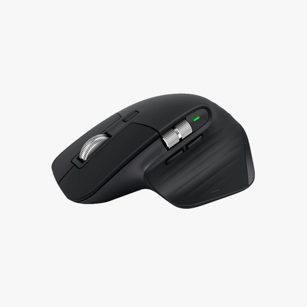 Black wireless computer mouse with two scroll wheels